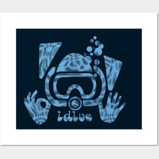 iDive OK DIve Buddy Scuba Diving Original Dive Art Diver Classic Blues Posters and Art